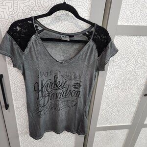 Vintage Harley Davidson Ladies Gray and Black Short Sleeve Lace Shoulders Sz S